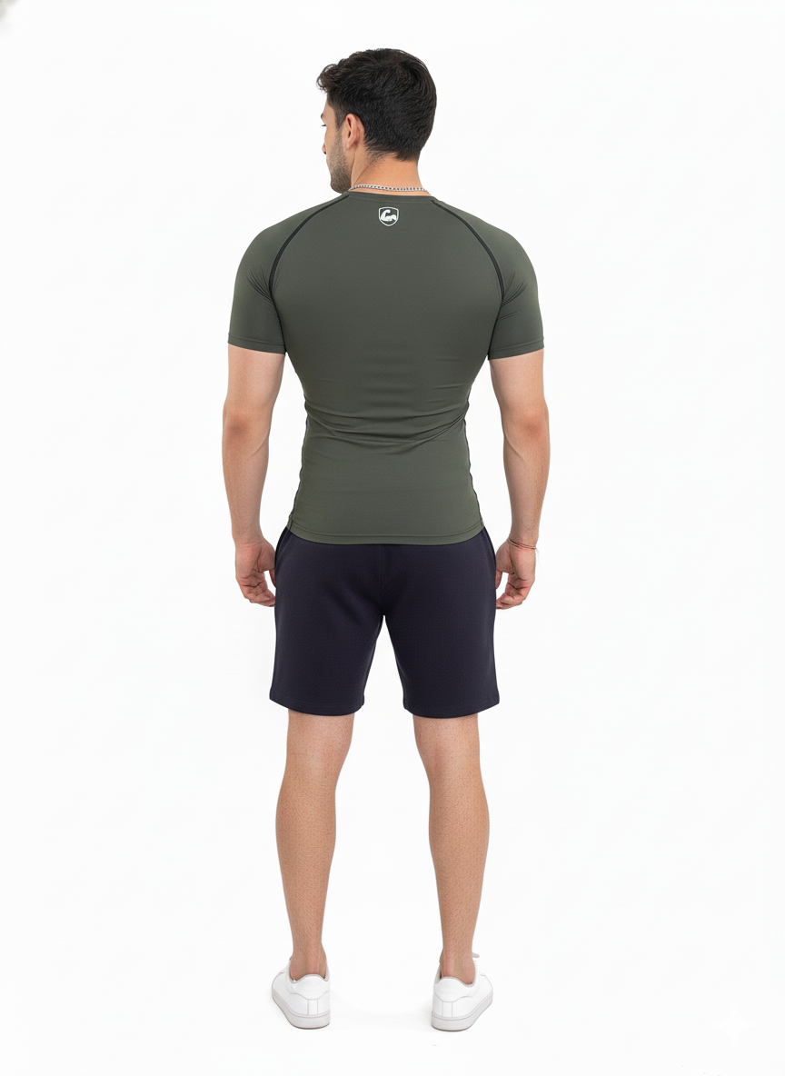 Men Standard Half Sleeve Olive Green Compression T-Shirt