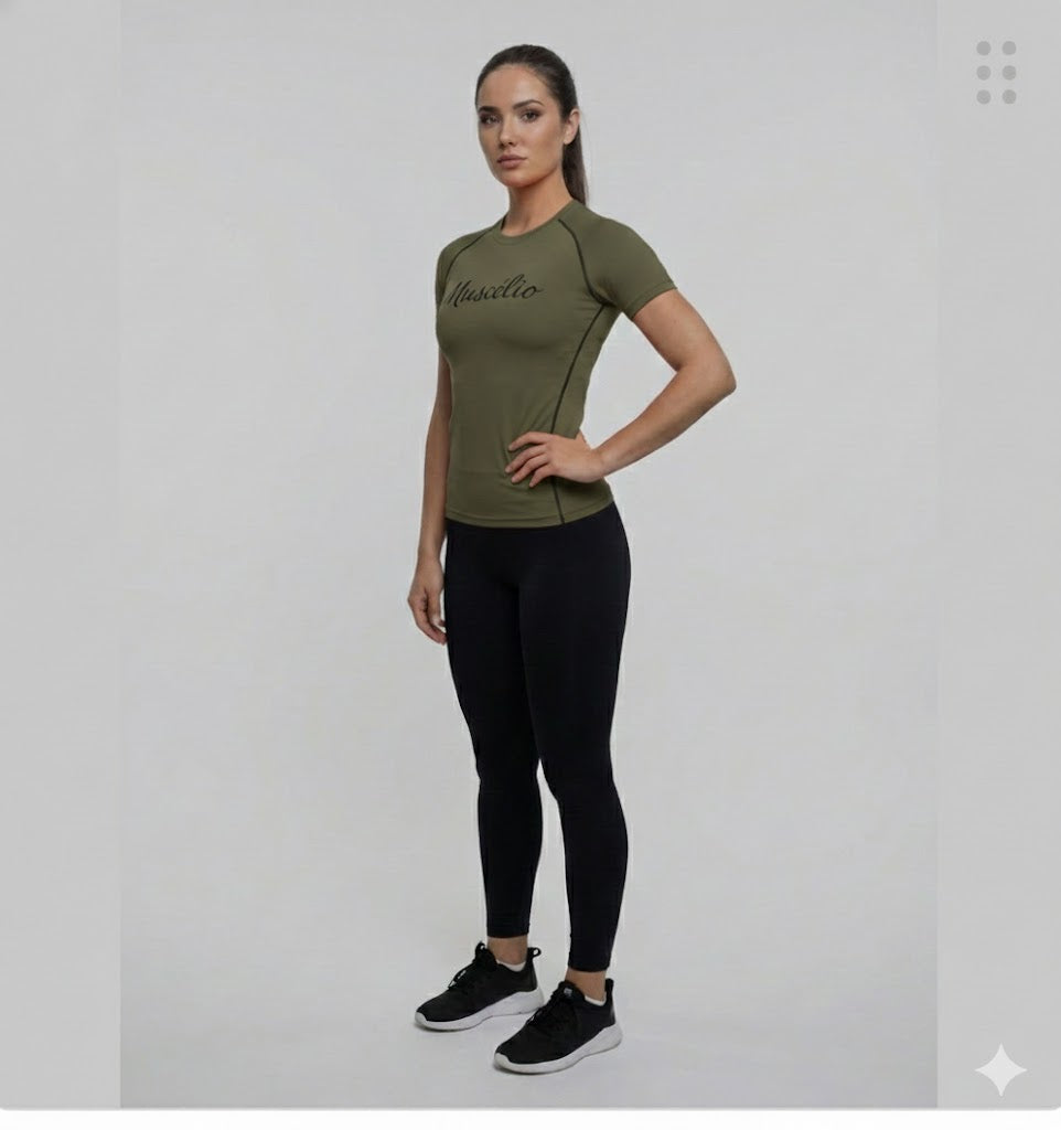 Women Standard Half Sleeve Olive Green Compression T-Shirt
