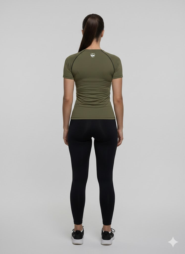 Women Standard Half Sleeve Olive Green Compression T-Shirt